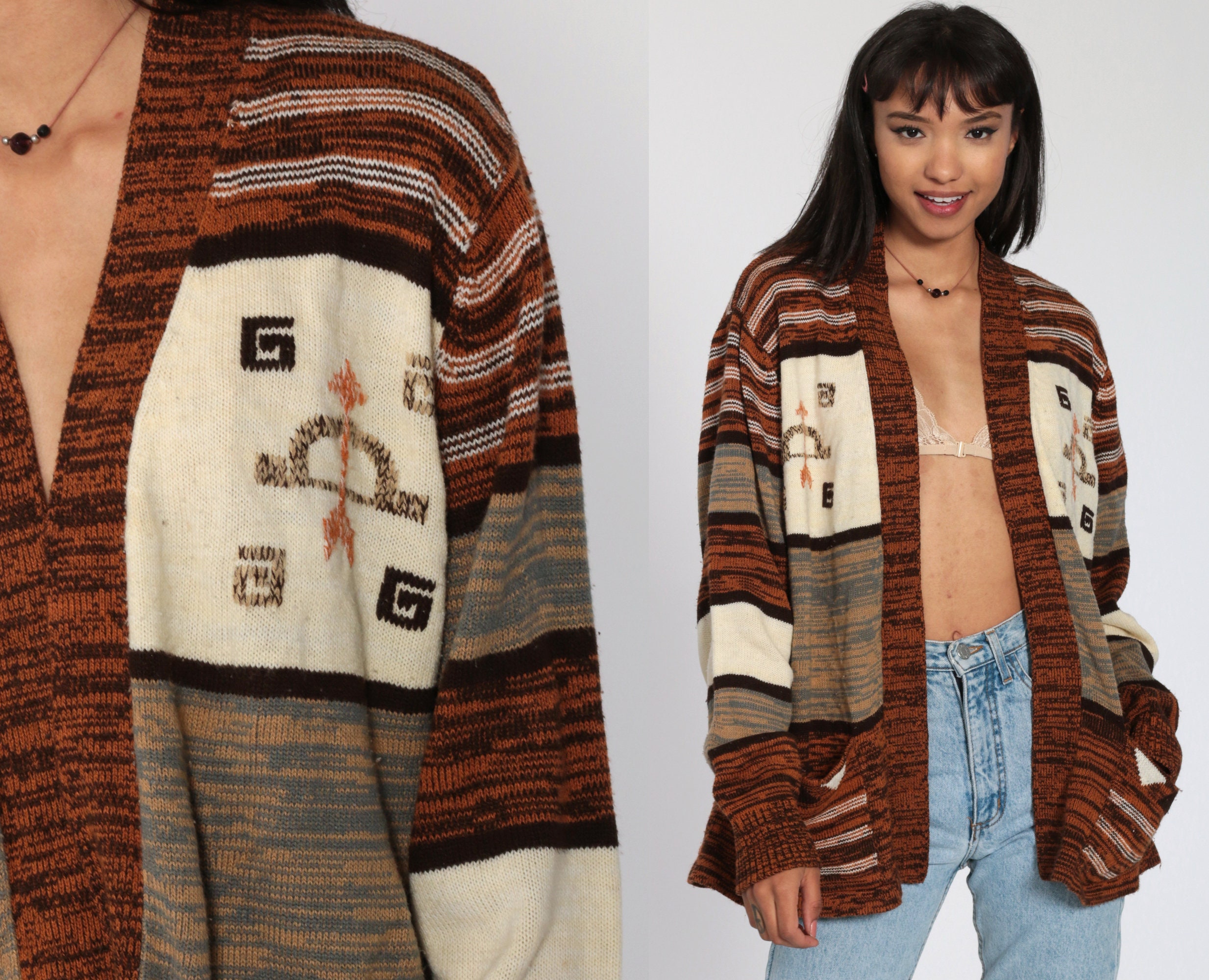 70s Wrap Cardigan BOW AND ARROW Boho Sagittarius Sweater Southwest Orange Space Dye Bohemian Cardigan Vintage Knit 1970s Hippie Medium