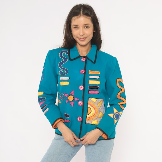 Embroidered Teal Blazer 90s Abstract Patchwork Jacket Colorful Sun Star Collared Eclectic Funky Art Wear Orange Pink Geometric Coat Small S