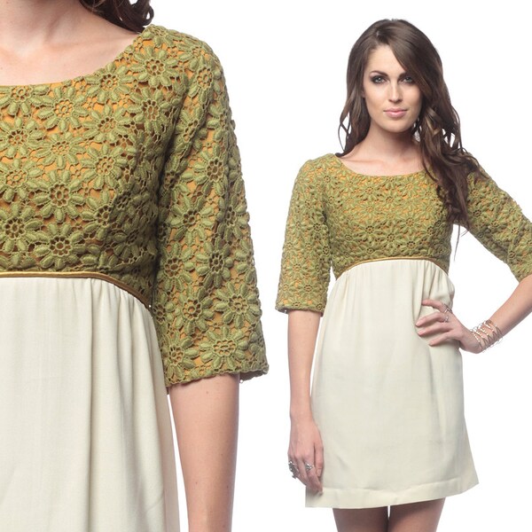 60s Crochet Dress Lace Mini Party 1960s Mod Cocktail Vintage Pea Green Cream Bow Sixties Holiday Evening Empire Babydoll Small
