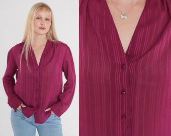Purple Striped Blouse 80s Semi Sheer Button Up Shirt V Neck Long Sleeve Top Secretary Retro Basic Chic Preppy Berry Vintage 1980s Medium M