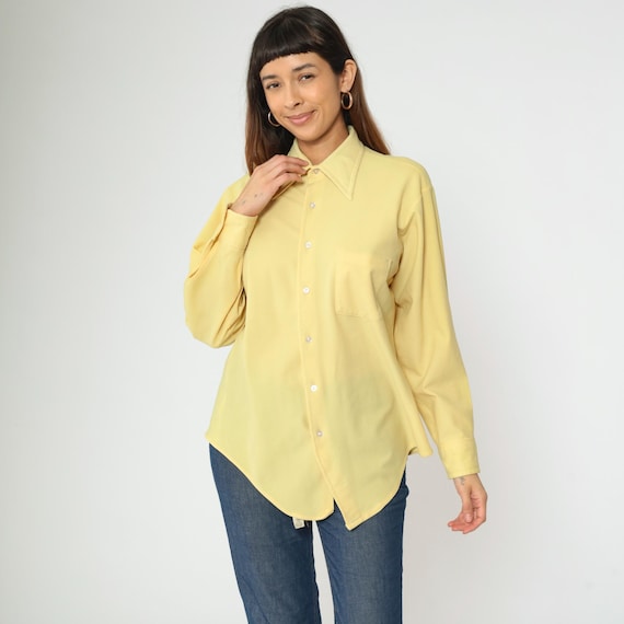 Yellow Button Up Shirt 70s Pointed Dagger Collar Top Long Sleeve Retro Disco Shirt Collared Plain Pocket Vintage 1970s Men's 16 32 Large