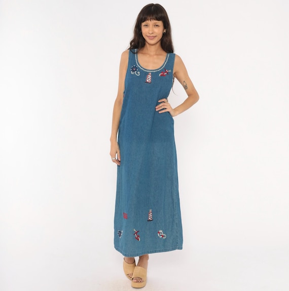 Nautical Embroidered Denim Dress 90s Sailing Lighthouse Anchor Maxi Jumper Sleeveless Cotton Blue Jean Tank Beach Summer Button Up Medium M