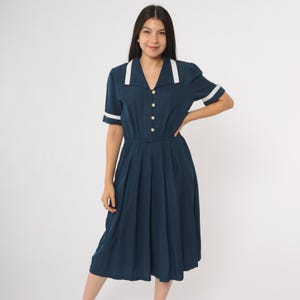 80s Sailor Dress Navy Midi Dress White Trim Button Front Nautical Preppy Dark Academia Professional Classic Chic Timeless Medium M 10