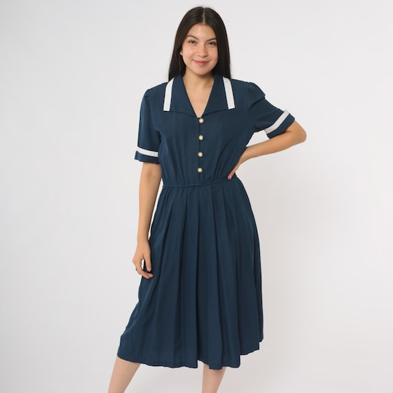 80s Sailor Dress Navy Midi Dress White Trim Button Front Nautical Preppy Dark Academia Professional Classic Chic Timeless Medium M 10