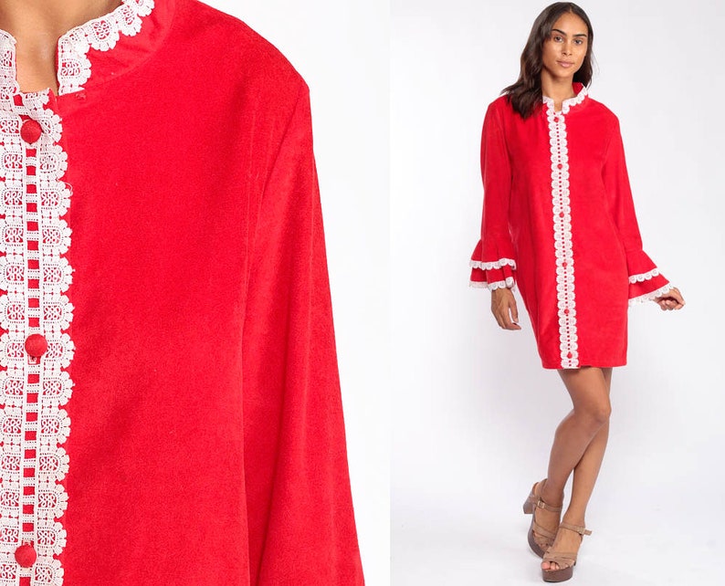 Pajama Robe Dress 70s Mini Lounge Wear Robe Red Lace Long Sleeve Loungewear Dress Tent Boho Hippie 1970s Shift Vintage Extra Large xl