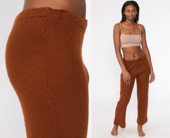 70s Bell Bottom Pants Brown Knit Trousers High Waisted Bellbottom Pants 1970s Boho Hippie Wide Leg Flared Vintage Bohemian Medium