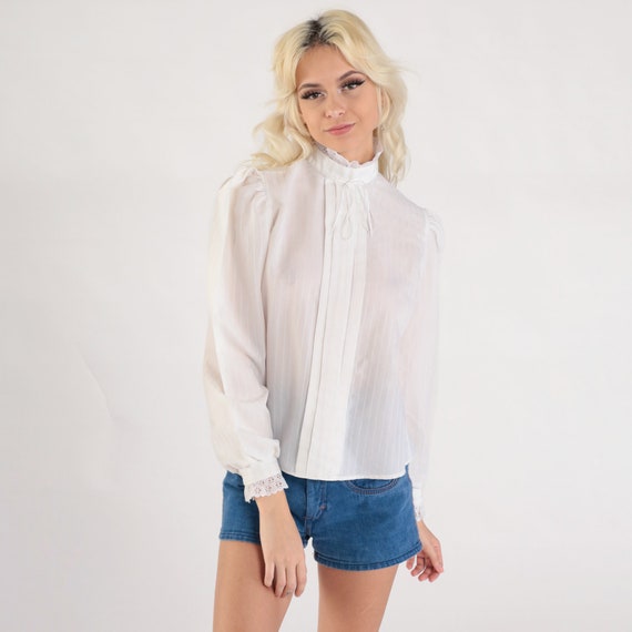 White Victorian Blouse 80s Lace Trim TUXEDO Button Up Semi-Sheer Top 1980s Vintage Long Puff Sleeve Pleated Secretary Shirt Small S