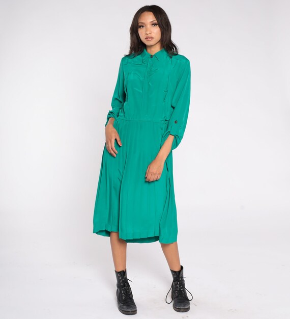 80s Shirtdress Green Day Dress 1980s Midi Dress Button Up Shirtwaist Pleated High Waist Vintage Long Sleeve Button Roll Tab Retro Large 12