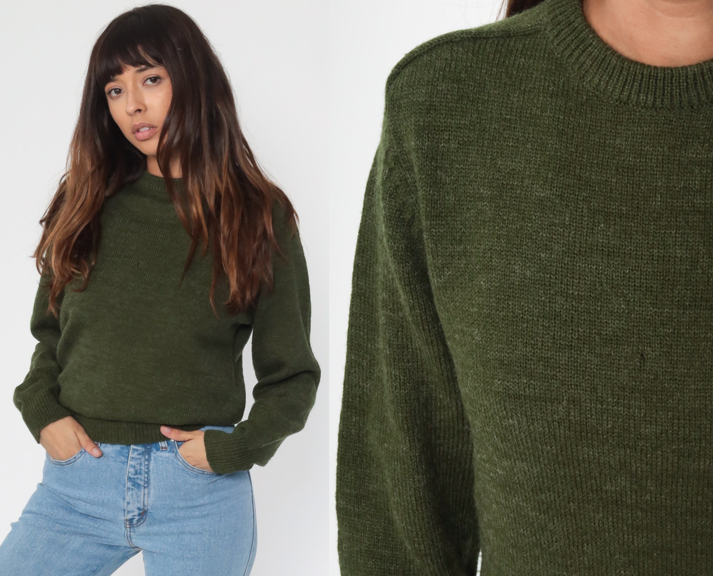 Green Wool Sweater 80s Slouchy Pullover 