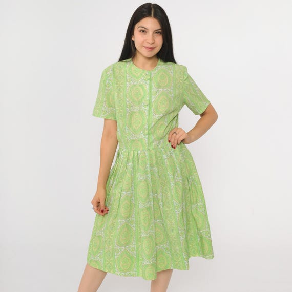 60s Green Floral Dress Vintage Lime Mod Day Dress Floral Print Day Dress Button Up Low Waist Pleated Skirt Midi 1960s Short Sleeve Small S