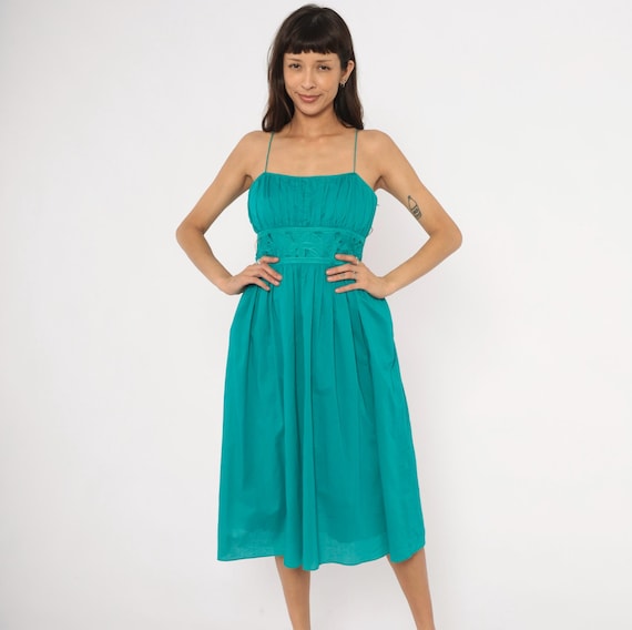 Teal Cutout Embroidered Sundress 90s Jessica Howard Cotton Midi Floral Eyelet Turquoise Aqua Summer Dress Beach Vacation Bright Small S