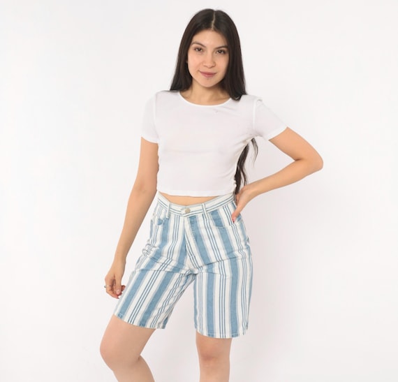 90s Striped Denim Shorts Blue White Vertical Stripe Cotton Jean High Waist Bermuda Mixed Blues Summer Casual Vintage Women Extra Small XS