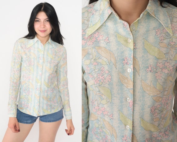 70s Floral Blouse Disco Shirt Button Up Top Dagge… - image 1