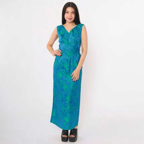 Vintage 60s Floral Jacquard Dress Blue Green Sleeveless Gown V Neck Fitted Evening Maxi Mid Century Back Slit 1960s Formal Small 4