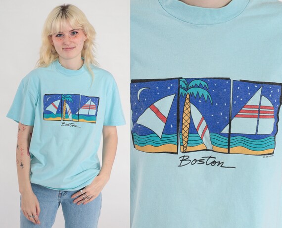 Vintage Boston Shirt 80s Sailboat Beach Graphic Tee 1986 Single Stitch TShirt Vintage Aqua Blue T Shirt Medium Large