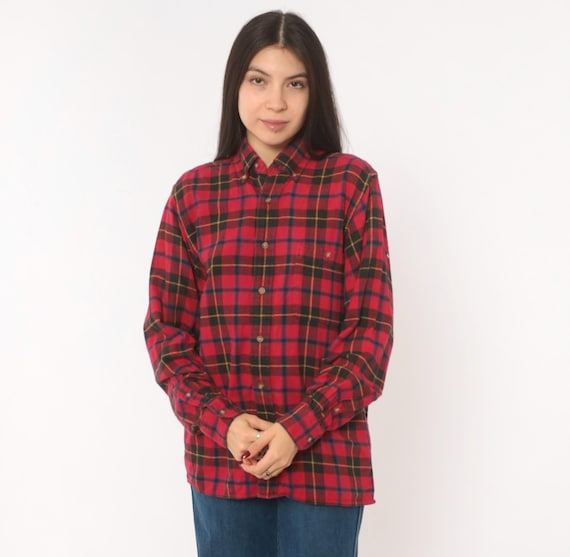 90s Grunge Flannel Shirt Red Black Plaid Cotton Button Down Collar Long Sleeve Tartan Check Top High Sierra Lumberjack Small S
