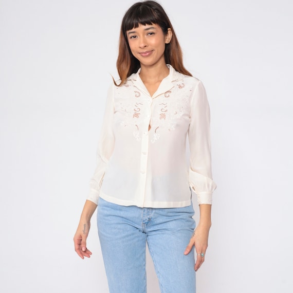 Embroidered Silk Blouse 80s Floral Cutout Top Semi-Sheer White Button up Shirt Long Sleeve Romantic Cutwork Vintage 1980s Extra Small xs