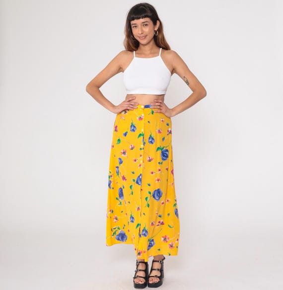 90s Yellow Floral Maxi Skirt Blue Roses Pink Flowers Button Front High Waist Cottagecore Prairie Vintage Summer Bohemian Bright Small S