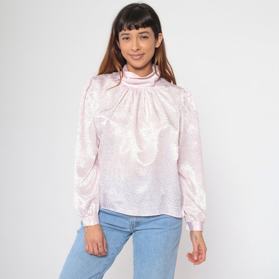 Embossed Snakeskin Shirt 80s Baby Pink Puff Sleeve Blouse Vintage Shiny Pastel Top High Turtleneck Secretary Silky Long Sleeve Large 12