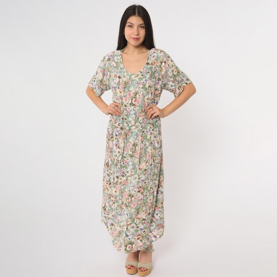 Y2K Floral Maxi Dress Vintage Sleeveless Pastel Pink Green Botanical Print Long Length Scoop Neck Grunge 2000s Boho Summer Garden Large L