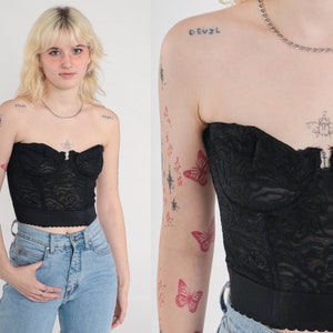 Black Lace Corset Bra Top 34D Bustier Bra Lingerie Boned 90s STRAPLESS Underwire Cropped Vintage Crop Top Sweetheart Neckline Gothic 34 D