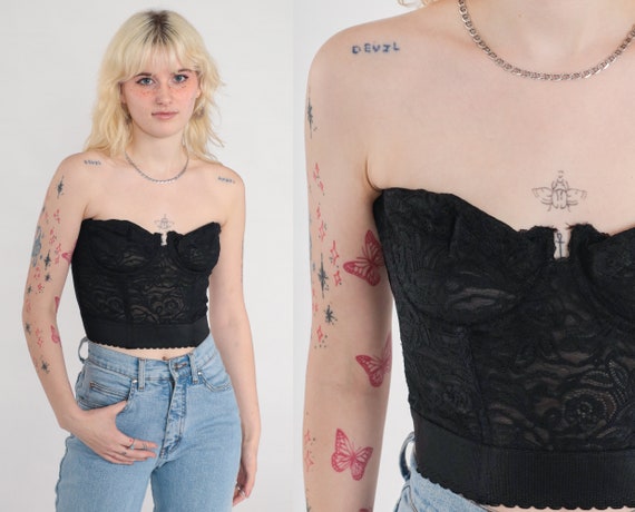 Black Lace Corset Bra Top 34D Bustier Bra Lingerie Boned 90s STRAPLESS Underwire Cropped Vintage Crop Top Sweetheart Neckline Gothic 34 D