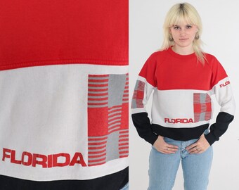 Florida Sweatshirt 80s Color Block Pullover Sweatshirt Red White Black Striped Sweater Tourist Graphic Shirt Raglan Vintage 1980s Large L