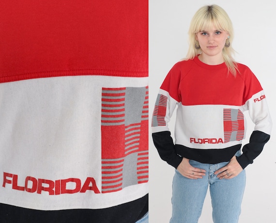 Florida Sweatshirt 80s Color Block Pullover Sweatshirt Red White Black Striped Sweater Tourist Graphic Shirt Raglan Vintage 1980s Large L