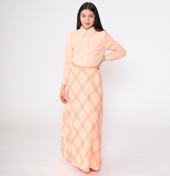 70s Checkered Mod Dress Vintage Peach Button Up Maxi 1970s Pointed Collar High Waist Long Sleeve Collar Plaid Preppy Academia Small 4