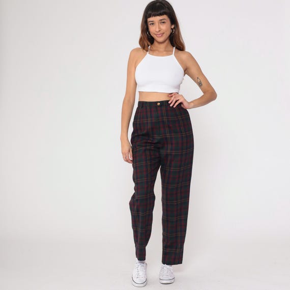 90s Ralph Lauren Plaid Wool Trousers High Waisted Tartan Pants Preppy Dark Academia Vintage Navy Burgundy Green Gold Check Pattern Medium M
