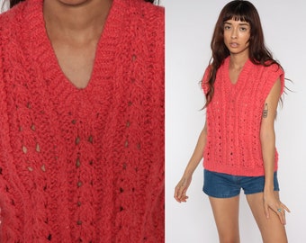 Sheer Sweater Vest Top Pink Sweater Top 80s Boho Knit Boho Hippie Vintage V Neck Cap Sleeve Vest 1980s Large L