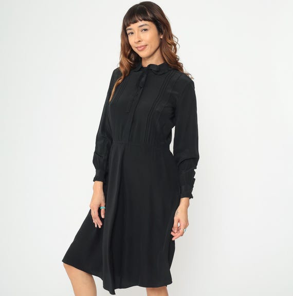 80s Black Silk Dress Pussy Bow Tie Neck Long Sleeve Secretary Pleated Midi Elastic Waist Office Dress Professional Romantic Extra Small XS 4