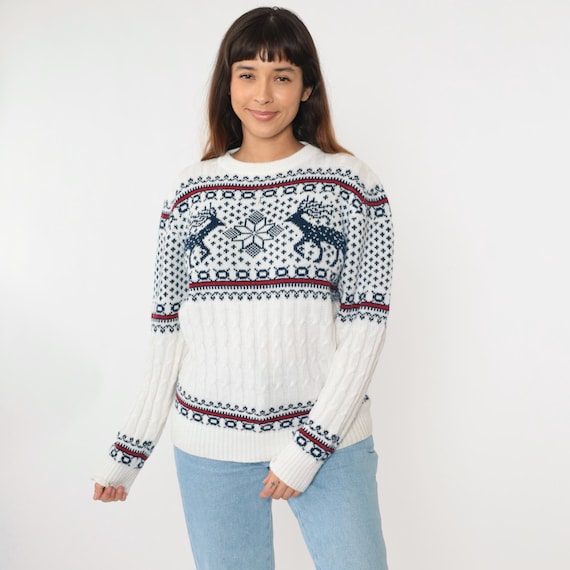 Vintage Reindeer Sweater White Nordic Snowflake Deer Sweater Fair Isle Sweater 80s Animal Sweater Slouchy Ski Pullover 1980s Medium