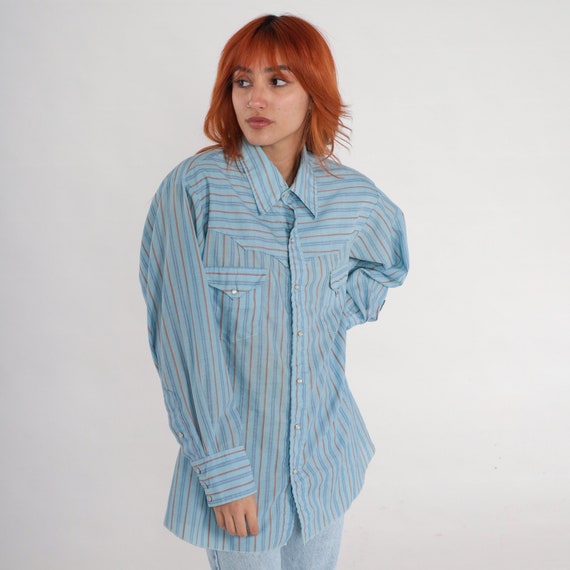 80s Western Shirt Blue Striped Pearl Snap Shirt Rodeo Shirt Long Sleeve Button Up Collared Rodeo Cowboy Top Vintage 1980s Orange Men's 17 33