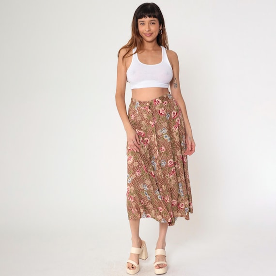 90s Brown Floral Skirt Vintage Rayon Midi Button Up Checkered Elaine Seinfeld Grunge Boho 1990s Hippie Festival Drape Medium M