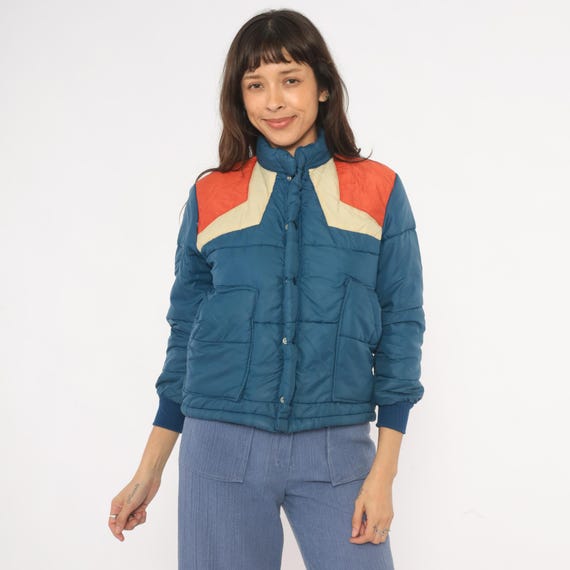 70s Puffer Jacket Navy Orange Cream Color Block Ski Coat Quilted Bomber Knit Cuffs Winter Chevron Stripe Vintage Extra Small XS