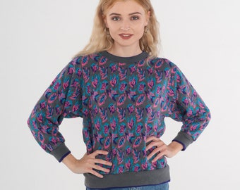 90s Floral Sweater Grey Knit Pullover Sweater Bright Pink Blue Purple Flower Leaf Print Jumper Hippie Ringer Vintage 1990s Acrylic Small S