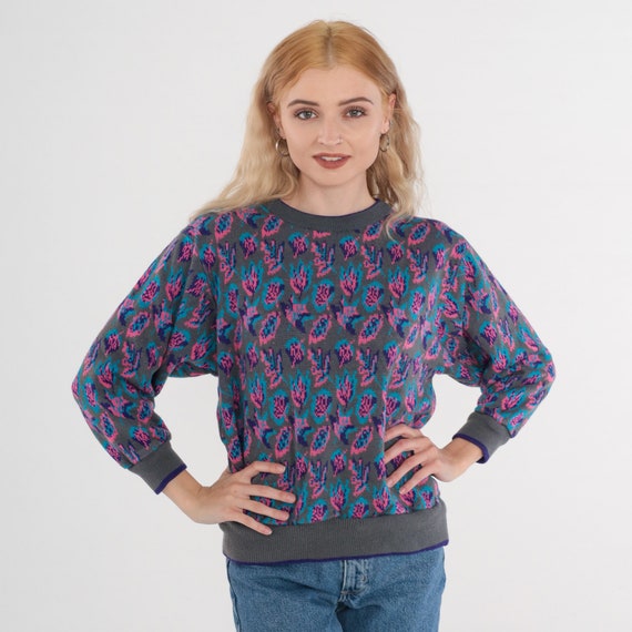 90s Floral Sweater Grey Knit Pullover Sweater Bright Pink Blue Purple Flower Leaf Print Jumper Hippie Ringer Vintage 1990s Acrylic Small S