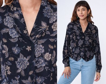 90s Floral Blouse Navy Blue V Neck Flower Print Double Breasted Button Up Long Sleeve Collar Shirt Vintage 1990s Rayon Wool Blend Small