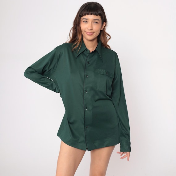 70s Forest Green Button Front Shirt Long Sleeve Dagger Collar Vintage Blouse Oversized Tunic Disco Preppy Casual Workwear Large L