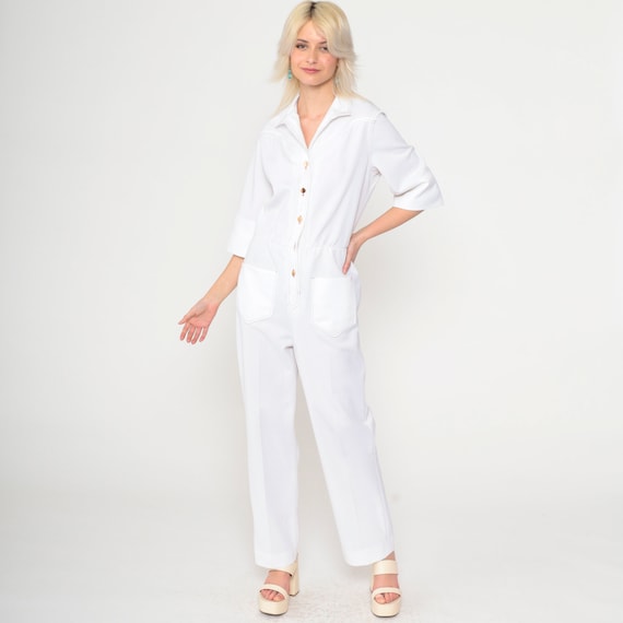 White Straight Leg Jumpsuit 70s Button Up Creased Pants Pantsuit Vintage 3/4 Sleeve Romper Yoke 1970s High Waisted Retro Small Medium