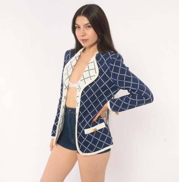 Navy Diamond Knit Blazer 80s Castleberry Open Front Cardigan  Jacket White Trim Quilted Pattern Collarless Preppy Academic Vintage Small S