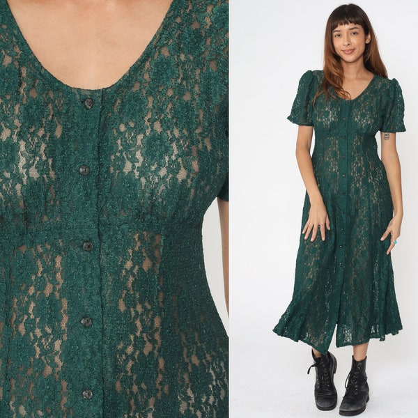Sheer LACE Dress Green Lace Midi Dress 90s Sheer Short Sleeve Bohemian Grunge Button-Up Vintage Shift Cocktail Witchy Forest Green Small