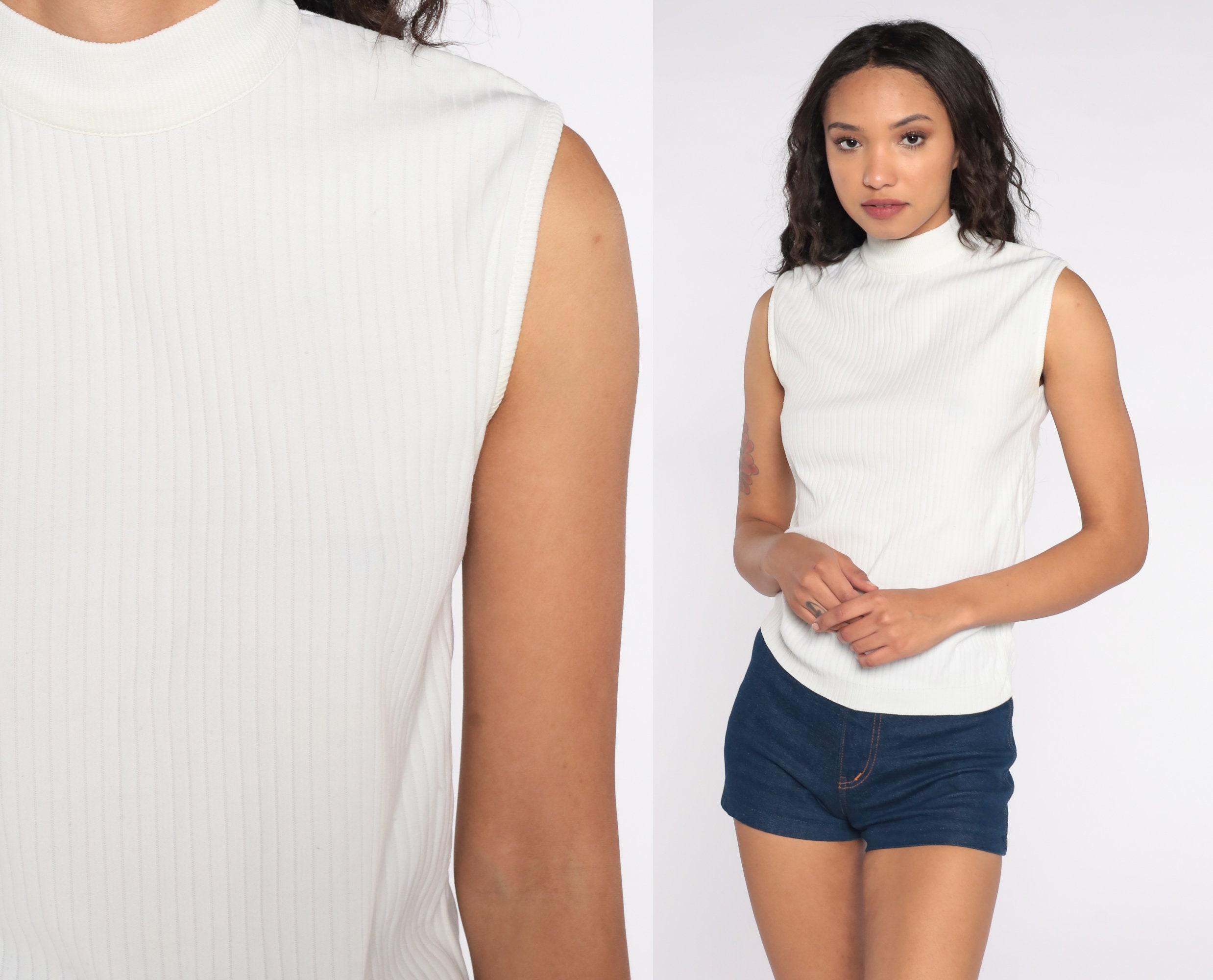 ShopExile Off-White 70s Tank Top Sleeveless Mock Neck Shirt Retro High Neck Ribbed Top Mod Boho Vintage Basic Minimal 1970s Medium Large