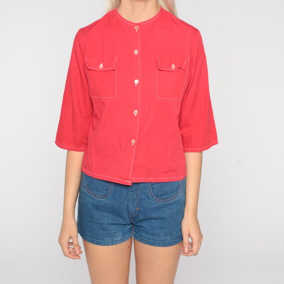 70s Red Blouse Simple Boho Button Up Shirt Short … - image 7