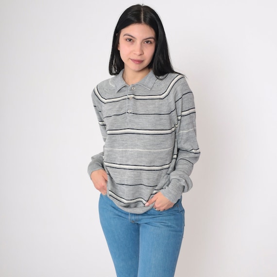 Grey Striped Sweater 80s Polo Sweater Collared Knit Pullover Half Button up Jumper Raglan Sleeve White Black Preppy Vintage 1980s Medium M