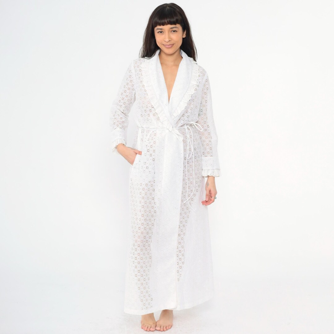 Retro White Robe Vintage White Eyelet Lace Robe 70s Ruffle Trim Wrap Belted Sheer ...