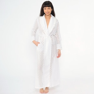 Vintage White Eyelet Lace Robe 70s Ruffle Trim Wrap Belted Sheer Bohemian Long Sleeve Lightweight Cover Up 1970s Cottagecore Boho Small S