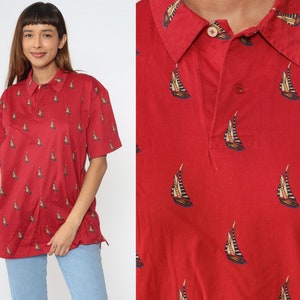 Ralph Lauren Polo Shirt 90s Red Nautical Sailboat Shirt Button Up T-shirt Retro RLP Preppy Short Sleeve Cotton Vintage 1990s Men's Large image 1