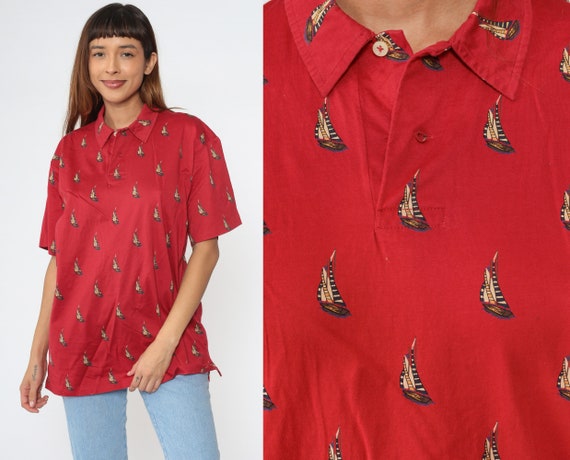 Ralph Lauren Polo Shirt 90s Red Nautical Sailboat Shirt Button Up T-shirt Retro RLP Preppy Short Sleeve Cotton Vintage 1990s Men's Large